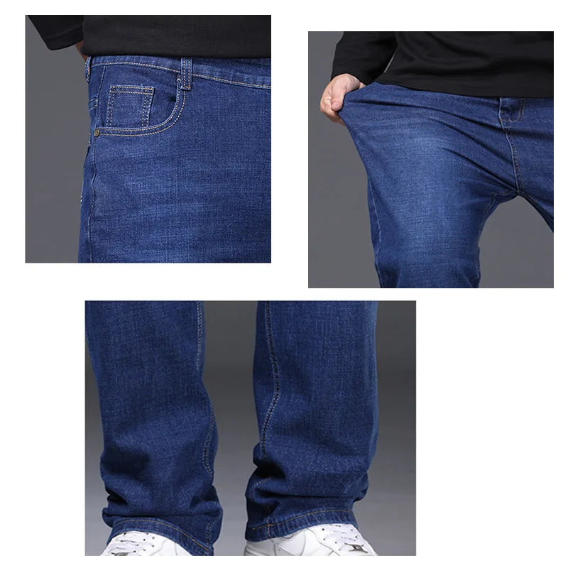 Jean extensible pour hommes, 29 à 50 tailles, pantalon en Denim à jambe droite, taille étendue, bleu/noir, Streetwear, coupe décontractée pour le travail et le décontracté