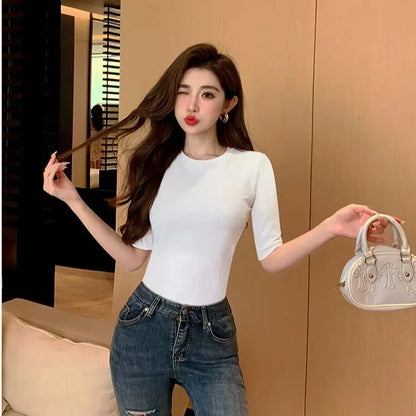 T-shirt en coton à manches moyennes pour femmes, col haut, intérieur mince, astronomique, manches moyennes, Y-Soft respirant