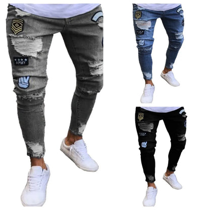 Nouveaux jeans brodés à grain fin pour hommes, pantalons en denim hip-hop coupe slim à trou élastique en coton, jeans décontractés pour hommes, pantalons de jogging