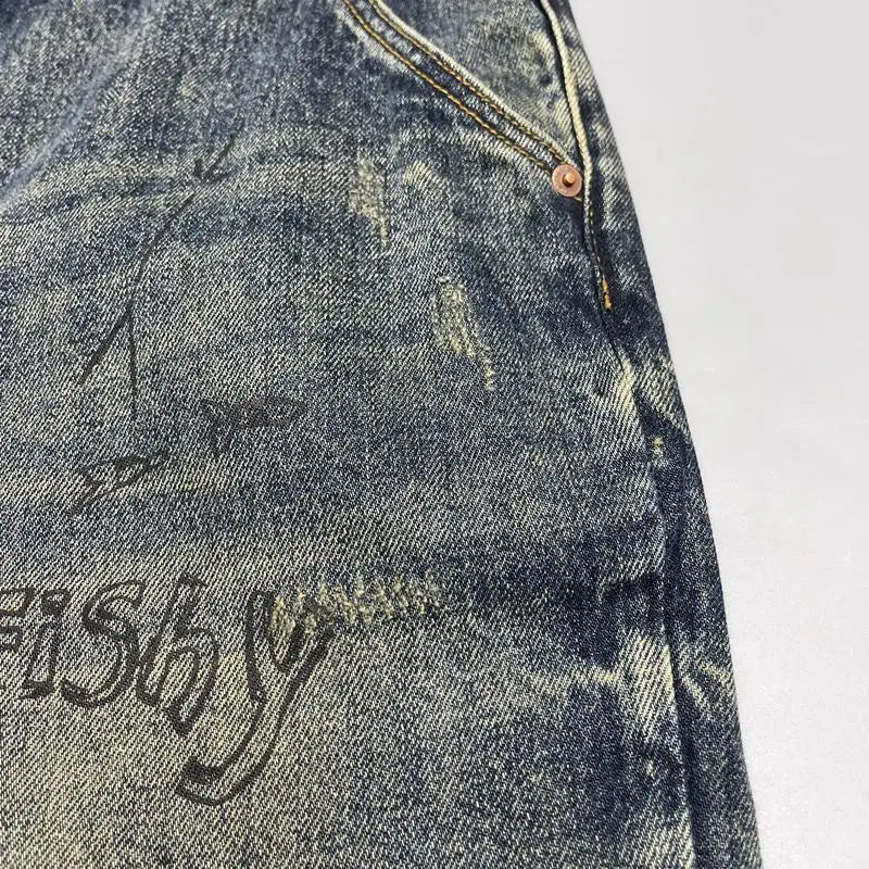 Jean rétro imprimé vieil délavé pour hommes, coupe ample, Micro-conique, petit pantalon droit, tendance de rue, printemps et automne