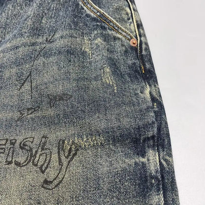 Jean rétro imprimé vieil délavé pour hommes, coupe ample, Micro-conique, petit pantalon droit, tendance de rue, printemps et automne