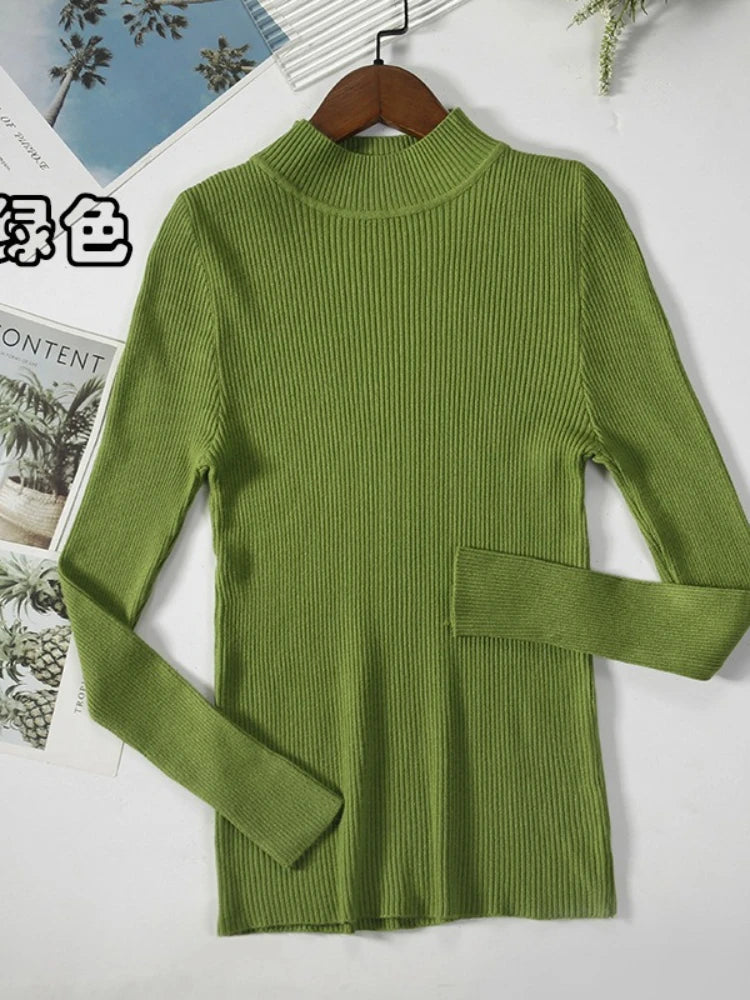 Nouveau en automne hiver femmes à manches longues tricoté col mi-haut côtelé Pull Pull doux chaud Femme Pull Pull vêtements