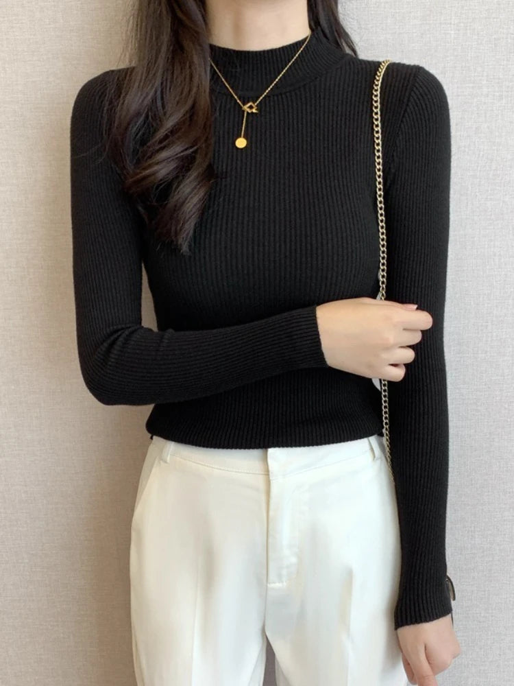 Nouveau en automne hiver femmes à manches longues tricoté col mi-haut côtelé Pull Pull doux chaud Femme Pull Pull vêtements