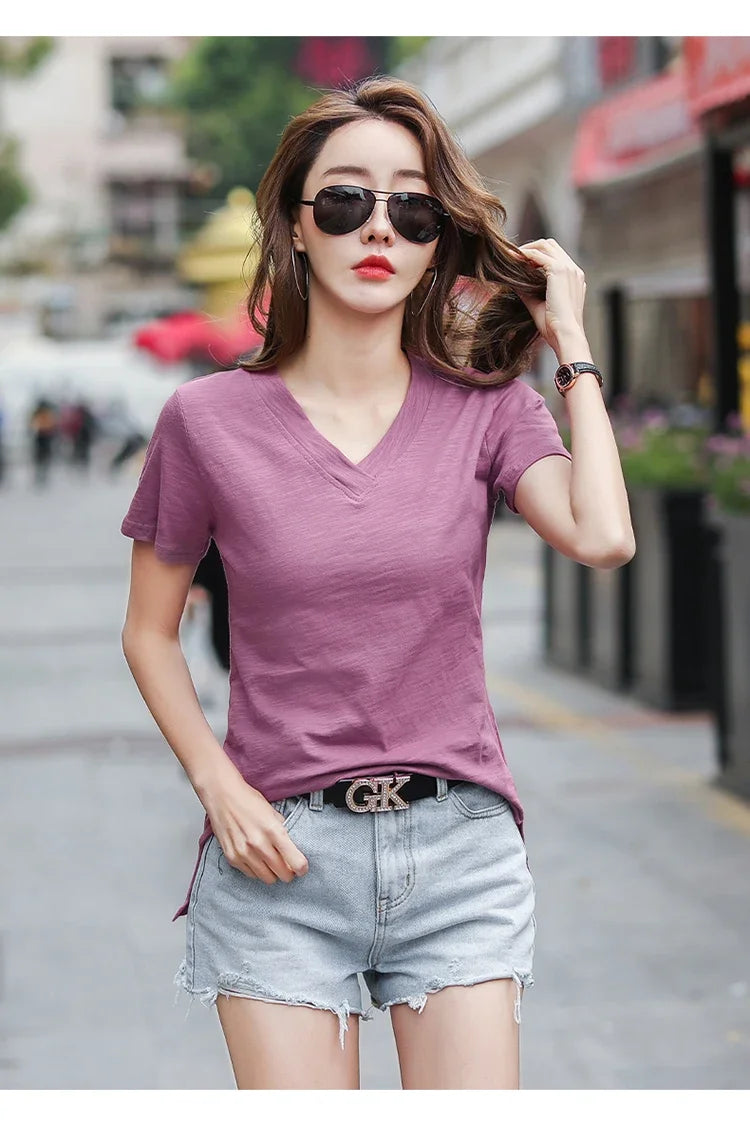 T-Shirt pour femmes 2025 été hauts basique solide coton T-Shirt décontracté Femme vêtements col en v t-shirts à manches courtes T-Shirt Femme