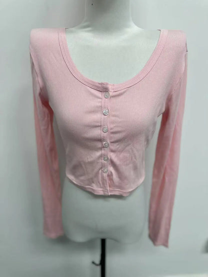 T-shirt à simple boutonnage à manches longues haut court couleur unie t-shirts pour femmes Streetwear coupe ajustée dame tenue Camisetas Ropa Mujer