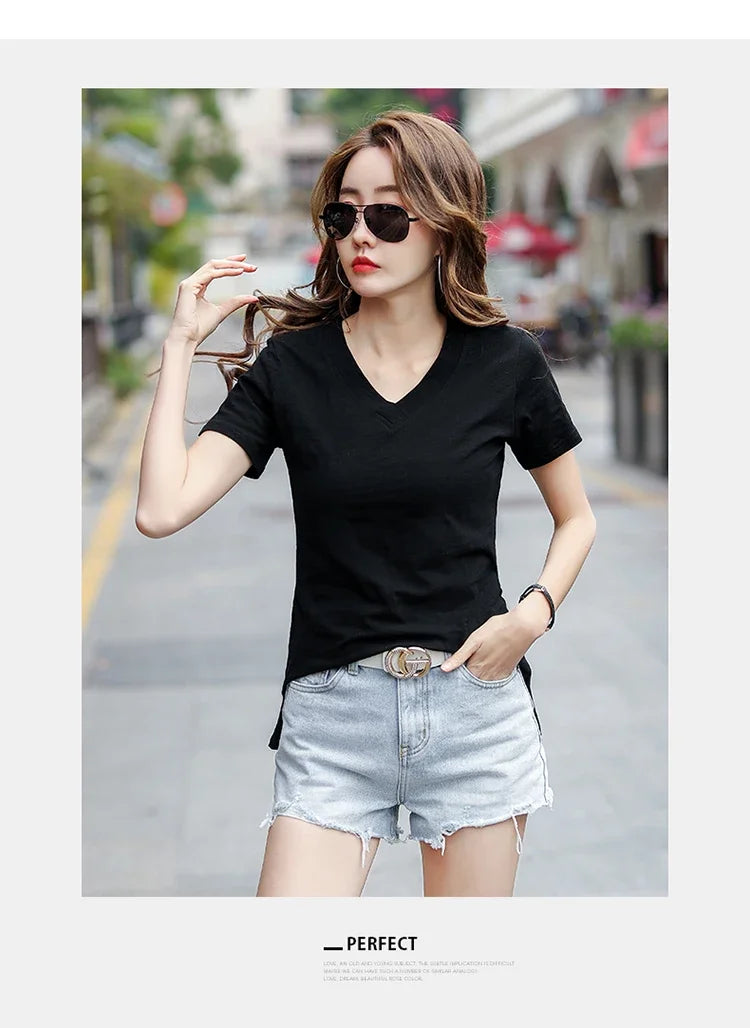 T-Shirt pour femmes 2025 été hauts basique solide coton T-Shirt décontracté Femme vêtements col en v t-shirts à manches courtes T-Shirt Femme