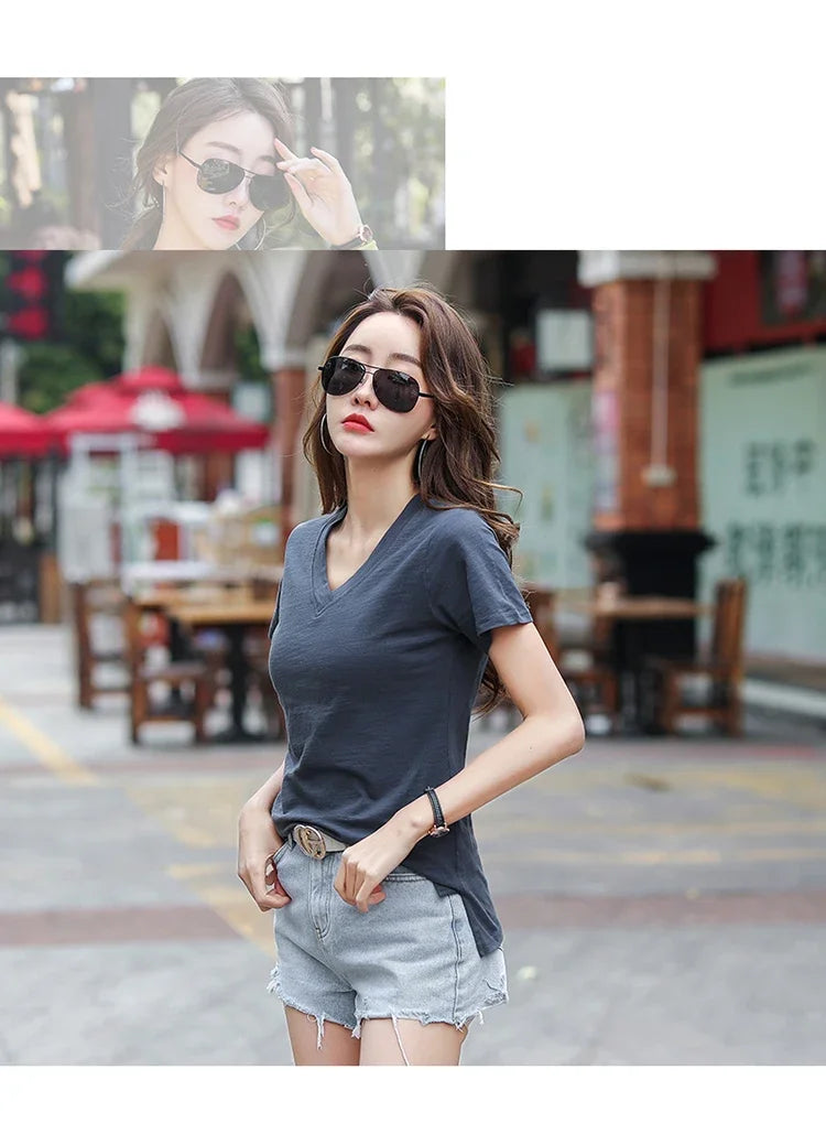 T-Shirt pour femmes 2025 été hauts basique solide coton T-Shirt décontracté Femme vêtements col en v t-shirts à manches courtes T-Shirt Femme