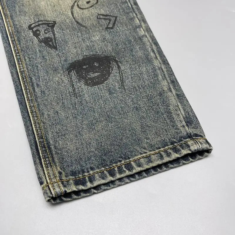 Jean rétro imprimé vieil délavé pour hommes, coupe ample, Micro-conique, petit pantalon droit, tendance de rue, printemps et automne