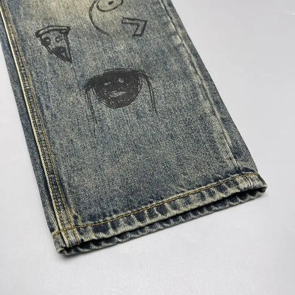Jean rétro imprimé vieil délavé pour hommes, coupe ample, Micro-conique, petit pantalon droit, tendance de rue, printemps et automne
