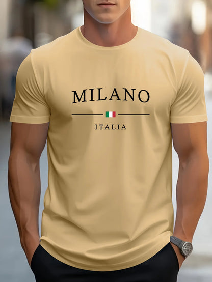 MILANO-T-shirt à Manches Courtes et Col Rond pour Homme, Haut Décontracté, Confortable, Lettre Imprimée, Été, 100% Coton, Mode