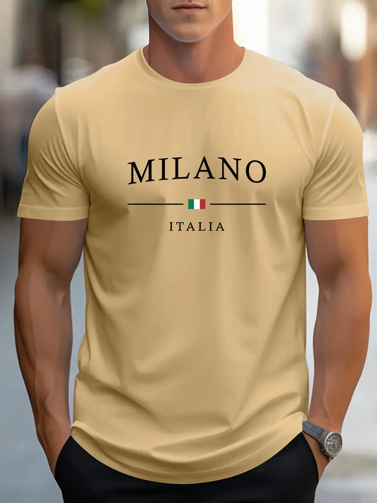 MILANO-T-shirt à Manches Courtes et Col Rond pour Homme, Haut Décontracté, Confortable, Lettre Imprimée, Été, 100% Coton, Mode