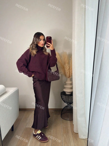 Indefeir femmes printemps nouvelle mode Simple doux basique bordeaux tricots pull tricots