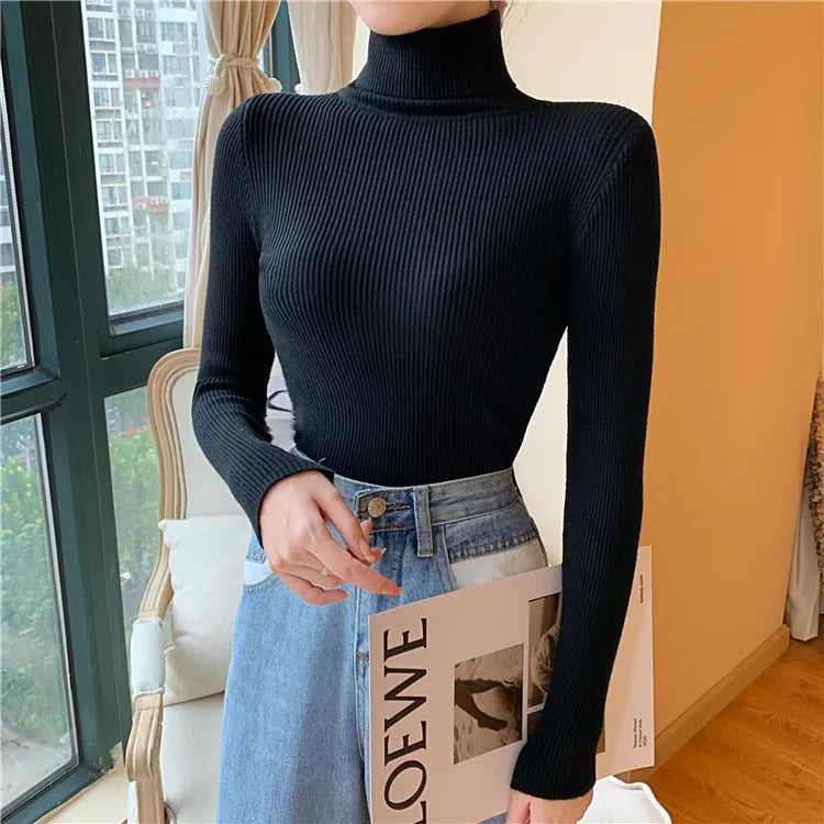 2025 automne hiver femmes à manches longues tricoté pliable col roulé côtelé Pull Pull doux chaud Femme Pull Pull vêtements