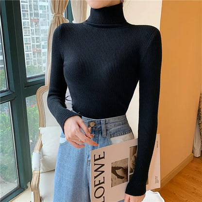 2025 automne hiver femmes à manches longues tricoté pliable col roulé côtelé Pull Pull doux chaud Femme Pull Pull vêtements