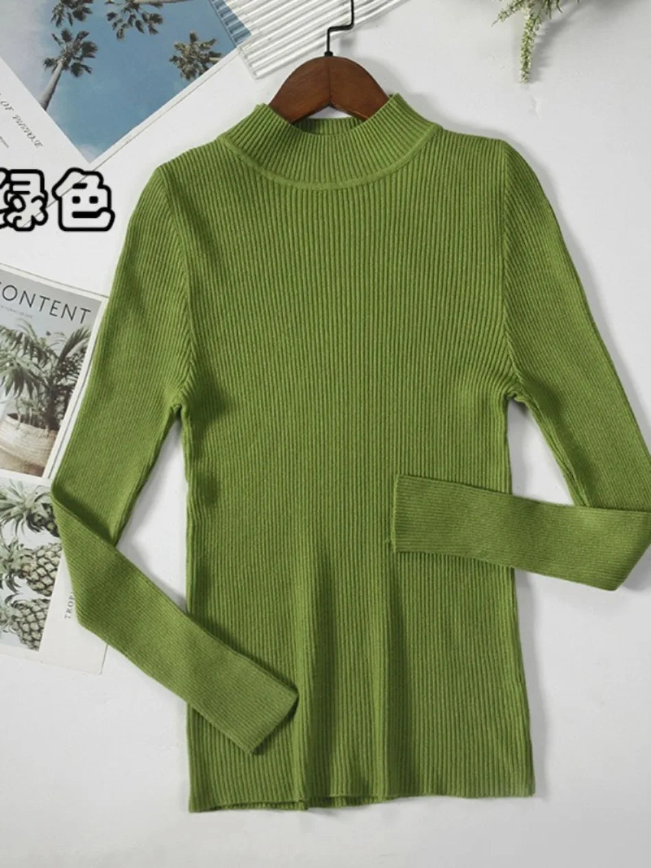 Nouveau en automne hiver femmes à manches longues tricoté col mi-haut côtelé Pull Pull doux chaud Femme Pull Pull vêtements