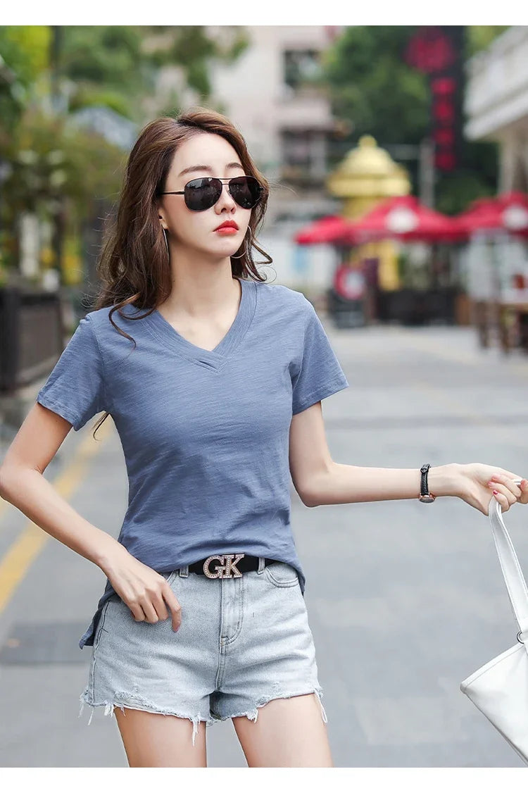 T-Shirt pour femmes 2025 été hauts basique solide coton T-Shirt décontracté Femme vêtements col en v t-shirts à manches courtes T-Shirt Femme