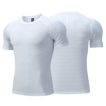 Hommes mince glace soie hauts course à manches courtes sport T-shirt gymnase Fitness entraînement musculaire sweat sec ajustement serré survêtements