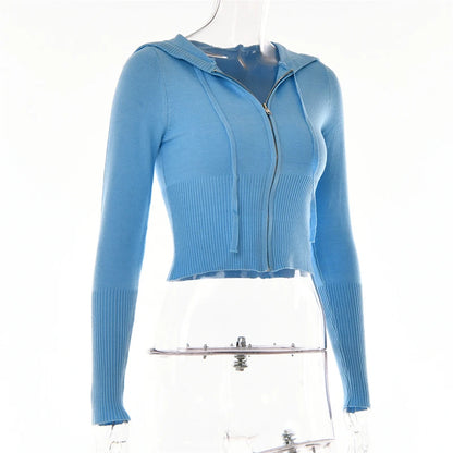 Tenue 2 pièces en tricot côtelé pour femmes, manches longues, fermeture éclair, coupe cintrée, haut court à capuche, pantalon Long élastique, ensemble survêtements Y2K