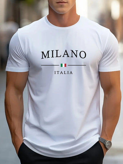 MILANO-T-shirt à Manches Courtes et Col Rond pour Homme, Haut Décontracté, Confortable, Lettre Imprimée, Été, 100% Coton, Mode