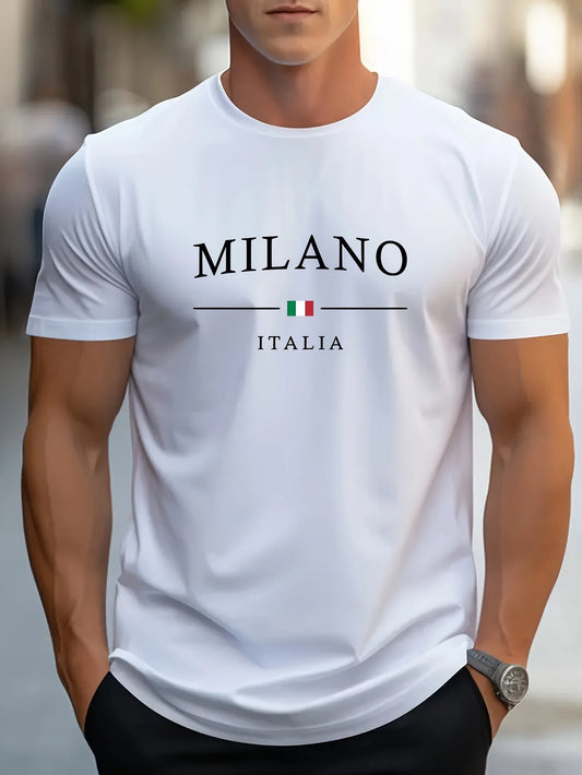 MILANO-T-shirt à Manches Courtes et Col Rond pour Homme, Haut Décontracté, Confortable, Lettre Imprimée, Été, 100% Coton, Mode