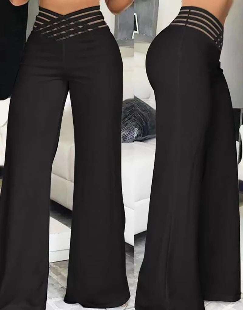 Pantalon évasé pour femmes, élégant, bureau, décontracté, taille haute, printemps été, solide, croisé, maille transparente, Patch, jambes larges