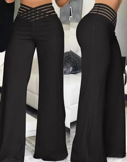Pantalon évasé pour femmes, élégant, bureau, décontracté, taille haute, printemps été, solide, croisé, maille transparente, Patch, jambes larges