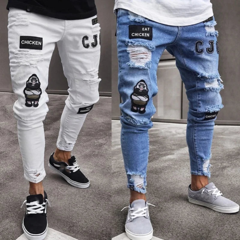 Nouveaux jeans brodés à grain fin pour hommes, pantalons en denim hip-hop coupe slim à trou élastique en coton, jeans décontractés pour hommes, pantalons de jogging