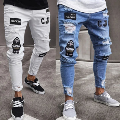 Nouveaux jeans brodés à grain fin pour hommes, pantalons en denim hip-hop coupe slim à trou élastique en coton, jeans décontractés pour hommes, pantalons de jogging