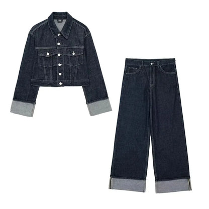 HH – costume en Denim Vintage pour femme, manteau à revers à manches longues et simple boutonnage + jean taille haute à jambes larges, ensemble de mode de rue, automne 2024