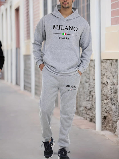 Ensemble sweat-shirt à capuche + pantalon de survêtement pour hommes, mode décontractée, chaud, motif MILANO ITALIA imprimé, ample, peluche épaisse, automne et hiver