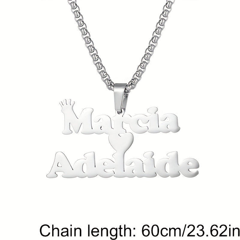 1pc Mens Custom Two Name Necklace - Unique Removable Square Pearl Accent Chunky Chain Pendant with Fashionable Stainless Steel Crown Alphabet, Lovely Heart-Shaped Couple Necklace - Perfect Holiday Jewelry Memorial Gift for Lo