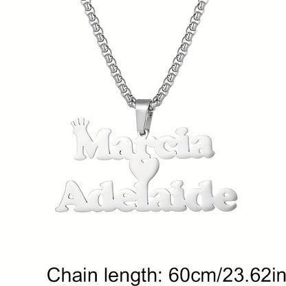 1pc Mens Custom Two Name Necklace - Unique Removable Square Pearl Accent Chunky Chain Pendant with Fashionable Stainless Steel Crown Alphabet, Lovely Heart-Shaped Couple Necklace - Perfect Holiday Jewelry Memorial Gift for Lo