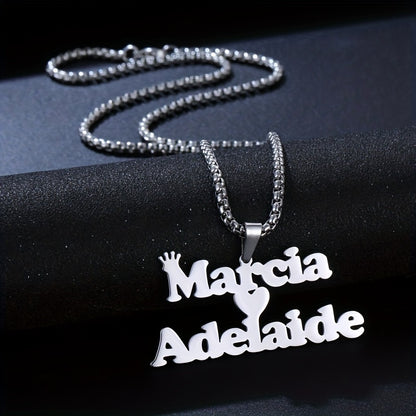 1pc Mens Custom Two Name Necklace - Unique Removable Square Pearl Accent Chunky Chain Pendant with Fashionable Stainless Steel Crown Alphabet, Lovely Heart-Shaped Couple Necklace - Perfect Holiday Jewelry Memorial Gift for Lo